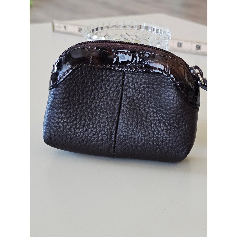 Brighton Brown Pebbled Leather Heart Coin Purse Croc Embossed Trim Leopard Liner - Picture 2 of 6